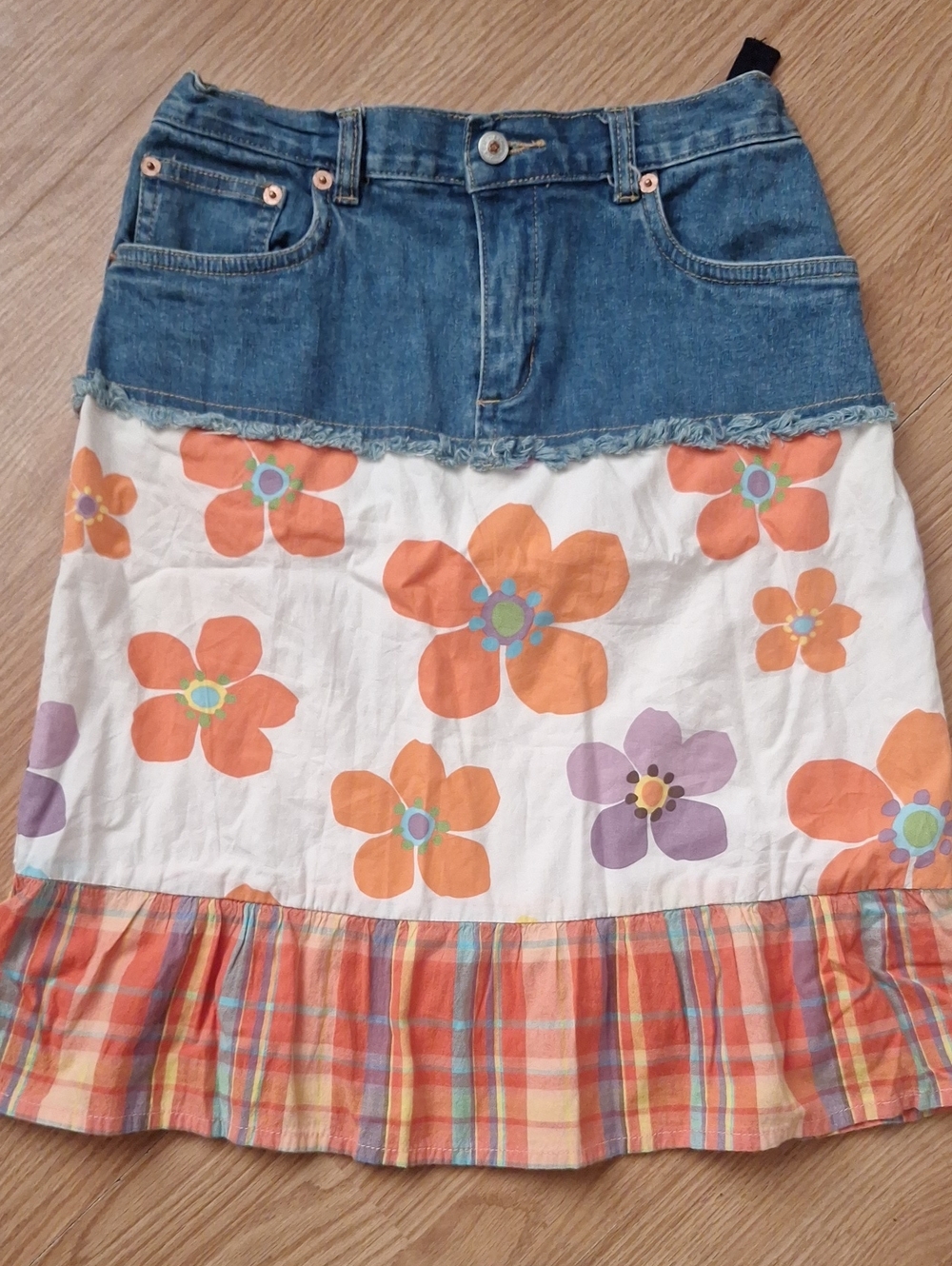 The Children's Place Denim-Waist Floral Tiered Skirt - Orange, Purple, White